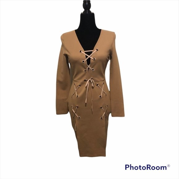 Kiki Kouture Lady Bodycon Lace up Dress,  Nude - Picture 2 of 7